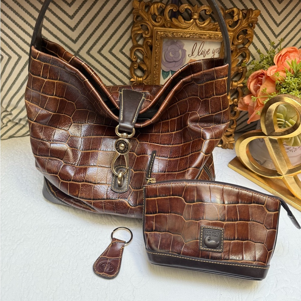 Dooney & Bourke Brown Croc-Embossed Hobo Bag Set
